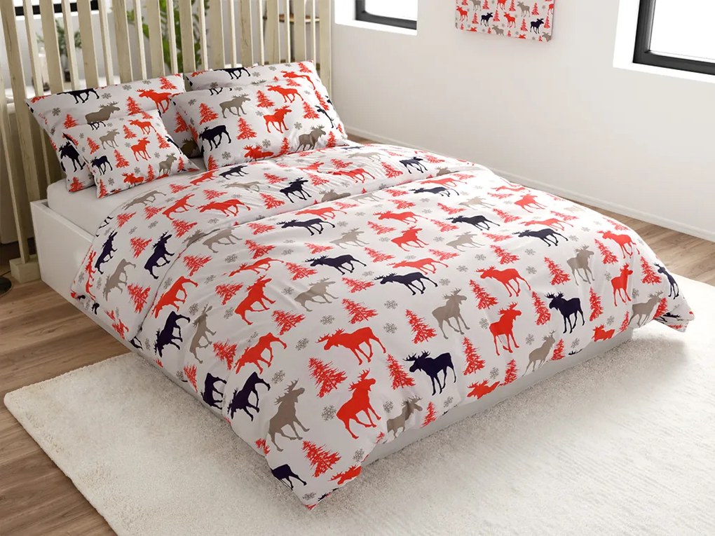 PrzytulneMieszkanie.pl PrzytulneMieszkanie.pl Pościel bawełniana CHRISTMAS MOOSE, biała Rozmiar pościeli: 2 szt 70 x 90 cm | 200 x 220 cm