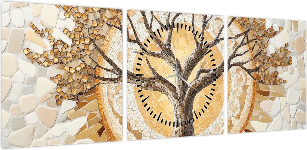 Obraz – Złote drzewo życia w mozaice (z zegarem) (90x30 cm)