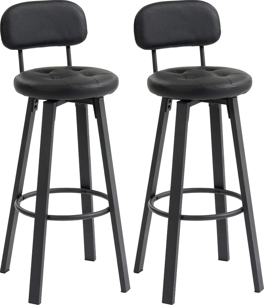HOMCOM 2 szt. krzeseł barowych, obicie z ekoskóry, tapicerowane siedzisko, podnóżek, oparcie, metalowa rama, czarne | Aosom PL