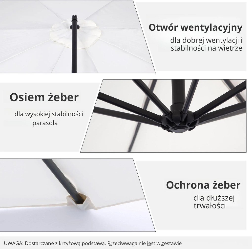 Outsunny Parasol Ogrodowy z Korbką 3m Kremowy Wytrzymały i Elegancki | Aosom PL