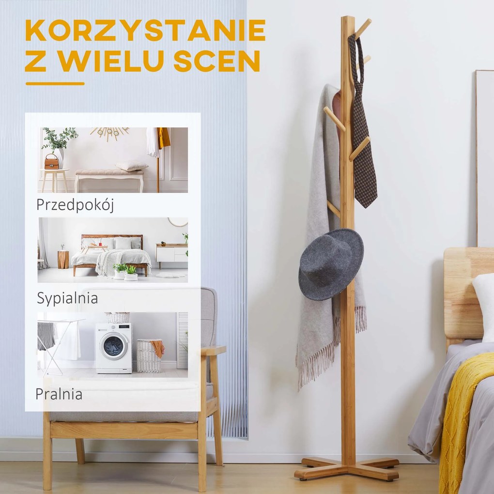 HOMCOM Wieszak stojący 8 Haków Wodoodporność i trwałość Zajmuje mało miejsca Materiał bambusowy 49,5 x 49,5 x 178 cm Naturalny | Aosom PL