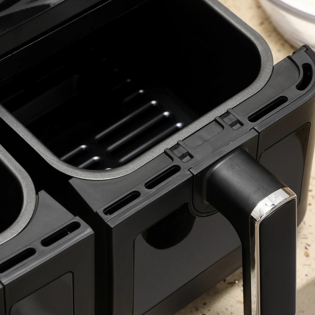 HOMCOM Frytkownica na gorące powietrze, 2 koszyki po 4 litry, 8 programów, światło, timer, 38,5 x 38 x 30,5 cm, Czarna