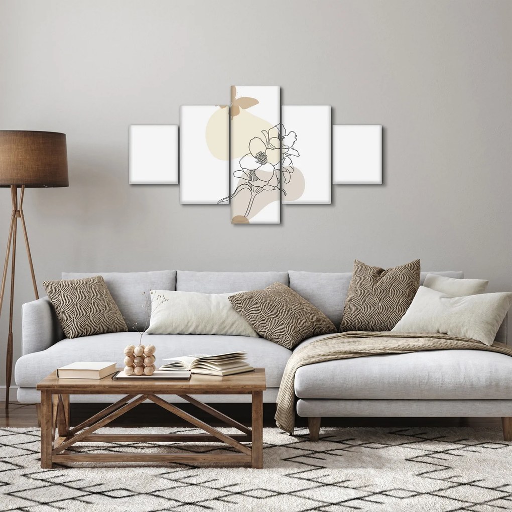 Obraz - Beżowe kwiaty z motylem N⁰3 (125x70 cm)