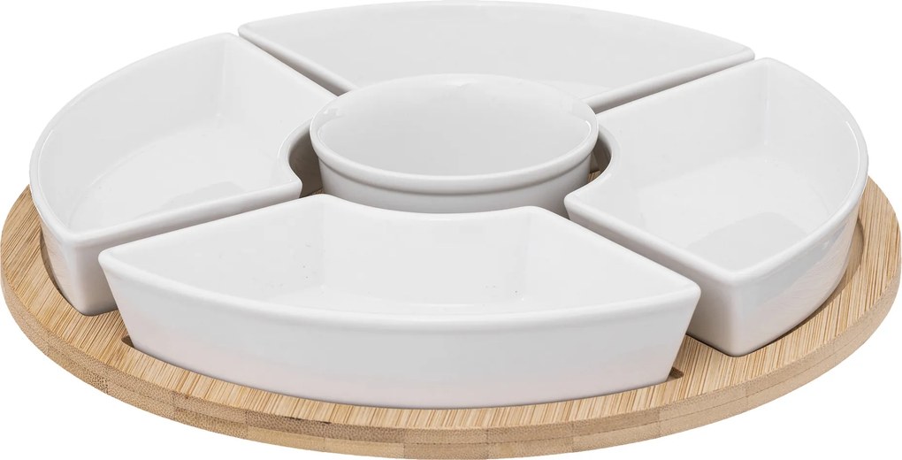 Zestaw do przekąsek: 5 porcelanowych miseczek + bambusowa taca