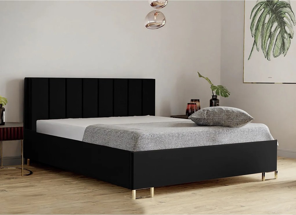 Łóżko tapicerowane MALIBU, wezgłowie, obicie MONOLITH, pojemnik na pościel, podnośnik gazowy, wysokość spania 39 cm, 120x200 cm, Czarny