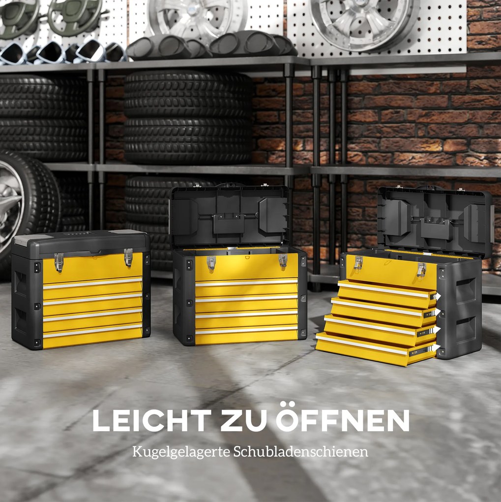 HOMCOM Pusta skrzynka na narzędzia, 49,7 x 25,3 x 40,7 cm, kufer z 4 szufladami, mini-pojemnik, stal, żółta | Aosom PL