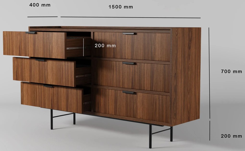 Komoda z 6 szufladami na nóżkach orzech warmia T9-G69