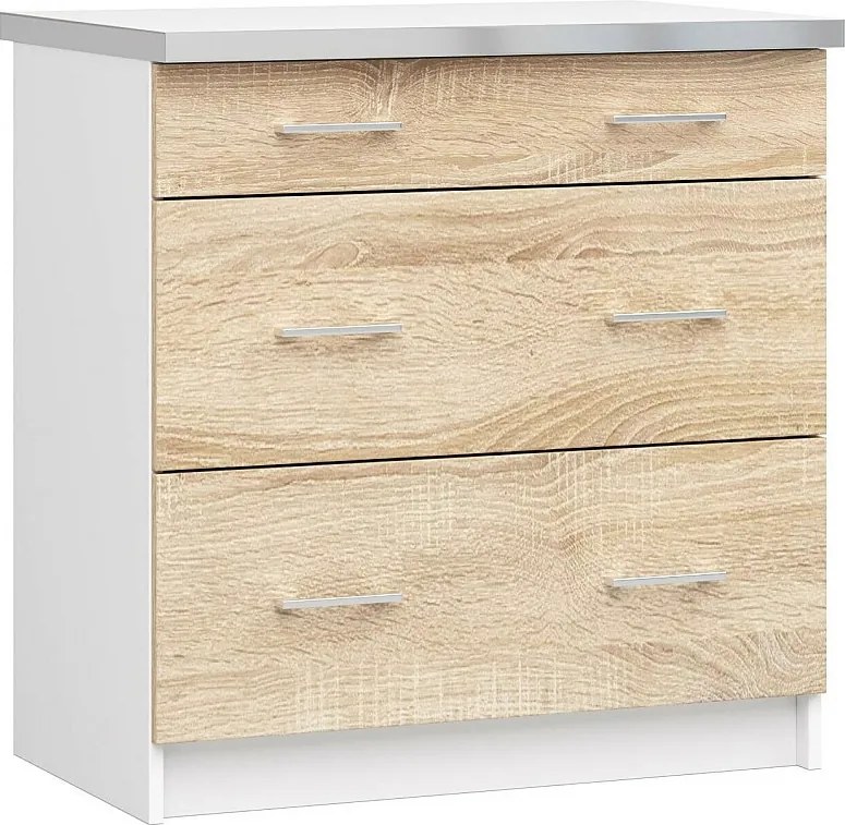Szafka kuchenna AKORD LIMA S80 z blatem Biała 80 cm 3 szuflady kolor Dąb Sonoma mat 80x44,5x82 cm