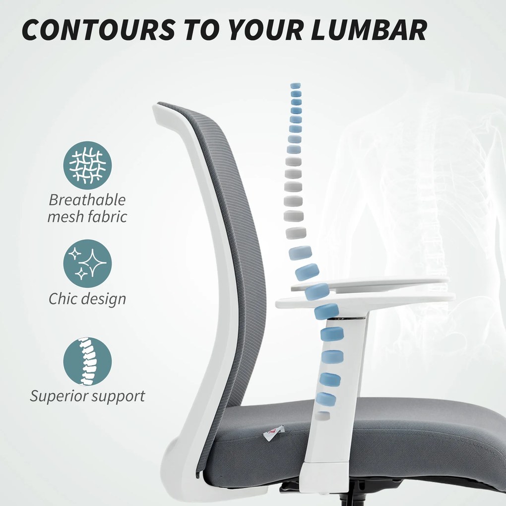 HOMCOM Krzesło biurowe, obrotowe, na kółkach, z oparciem z siatki, poduszką piankową, Szare