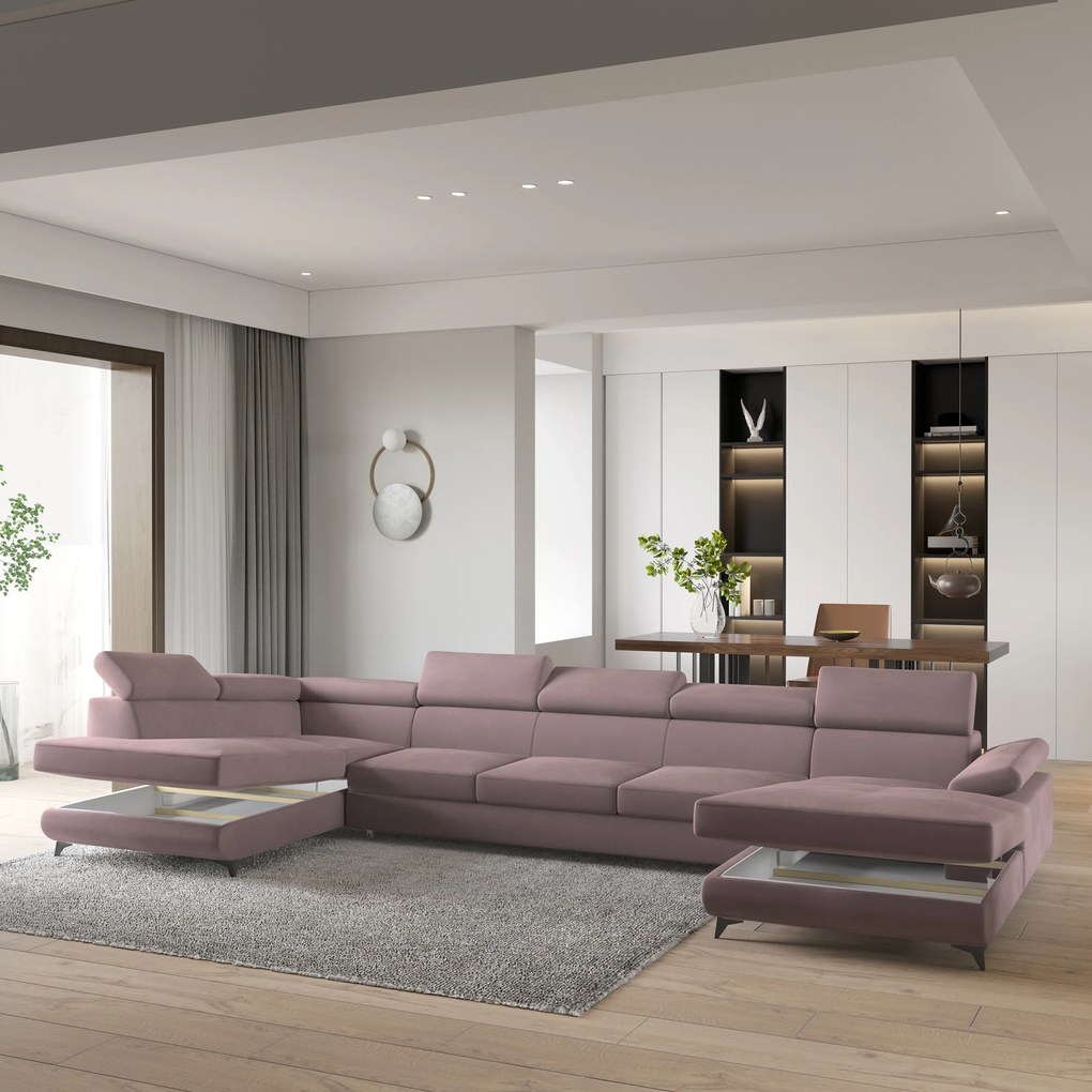 Masseno Narożnik MONTIVA z funkcją spania i pojemnikiem na pościel Narozniki U, Rozkładana sofa - Wrzosowy, MONOLITH 62