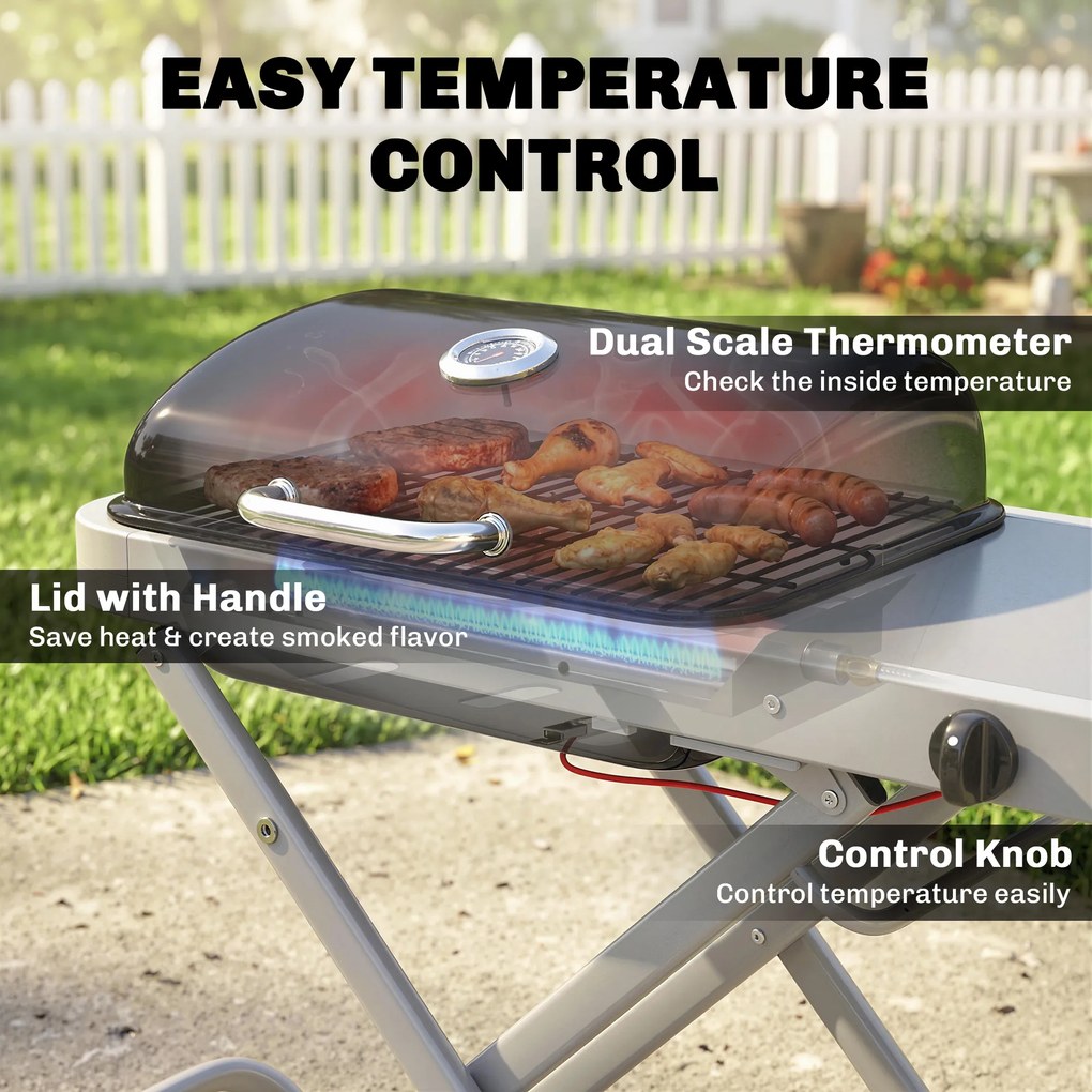 Outsunny Przenośny grill gazowy 1-palnik 2,5kW wózek grillowy mit składanym podwoziem, ruszt, boczna półka, pokrywa, termometr | Aosom PL