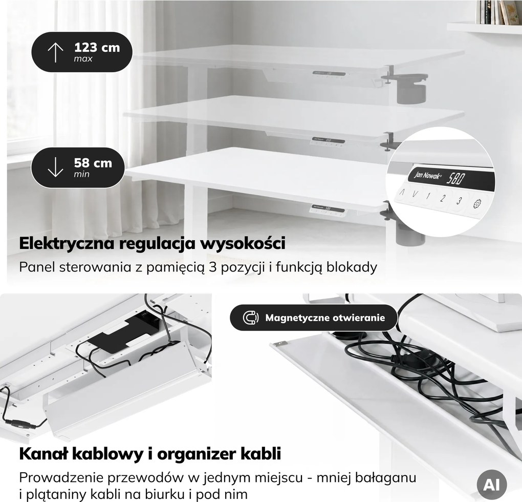 Biurko elektryczne z regulacją wysokości ergonomiczne białe,1200x600 mm: ARIA