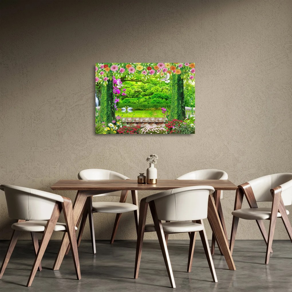 Obraz na szkle - Magiczny ogród z łabędziami (70x50 cm)
