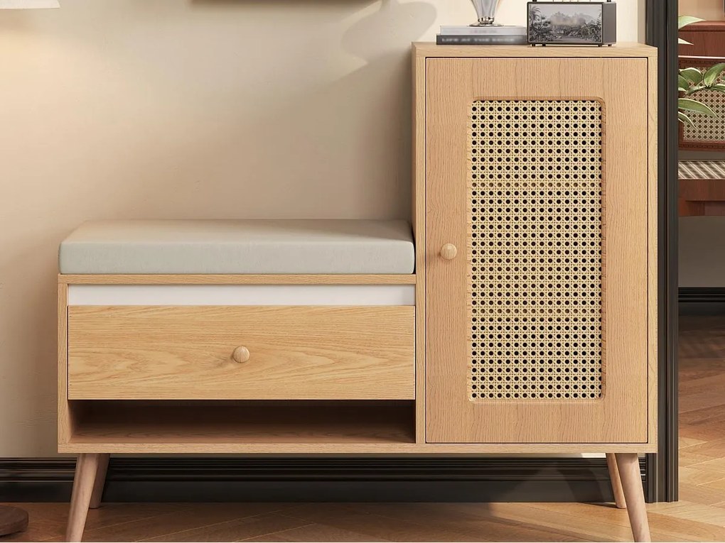 Szafa na buty z rattanu - Ławka wejściowa - Z poduszką - 1 szuflada i 1 drzwi z rattanu - Naturalny