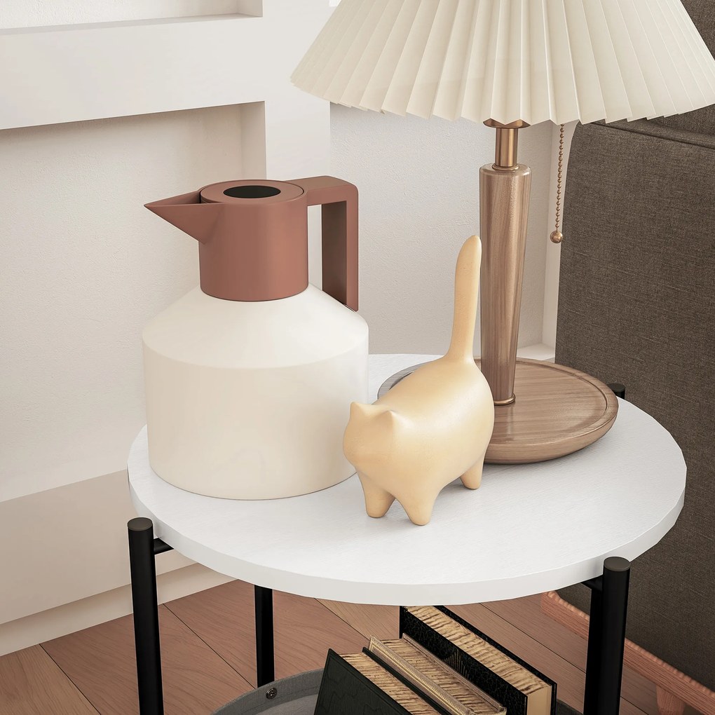 HOMCOM Okrągły stolik pomocniczy z koszem na tkaniny, 2-poziomowy stolik kawowy do salonu, sypialni, małe przestrzenie, metal, szary+biały