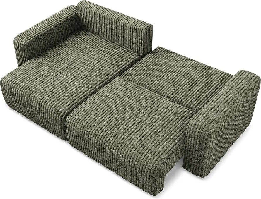 Zielony sztruksowy rozkładany narożnik ze schowkiem (lewostronny/z szezlongiem) Kona – Makamii