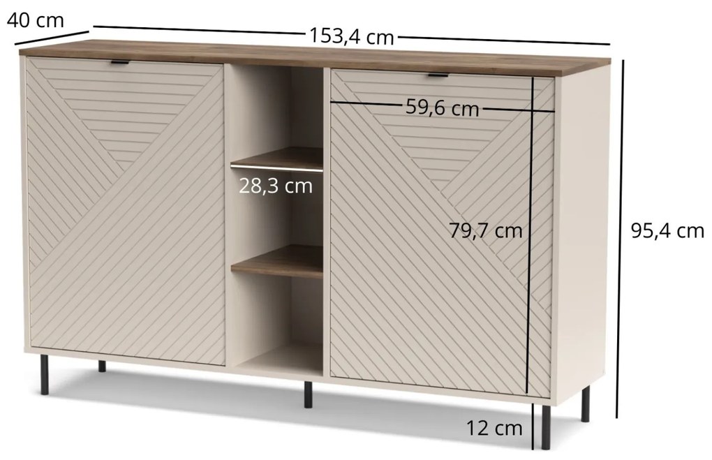 Komoda Dwudrzwiowa BLUSH 153,4 cm Kaszmir/ Dąb castello Ryflowana Nowoczesna