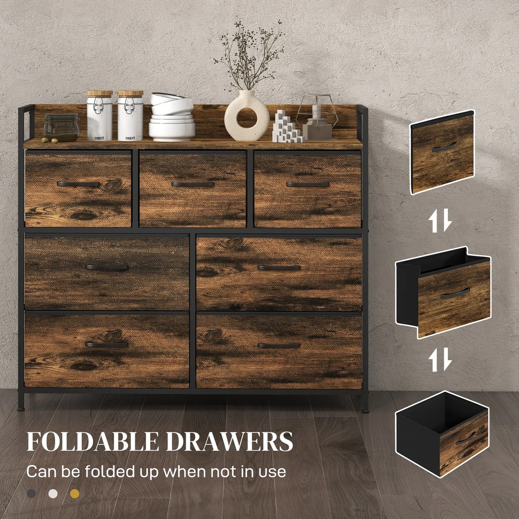 HOMCOM Komoda z 7 Szufladami z Tkaniny, Design Industrialny, Stalowa Rama, 98x29x85cm, Brąz/Czarny