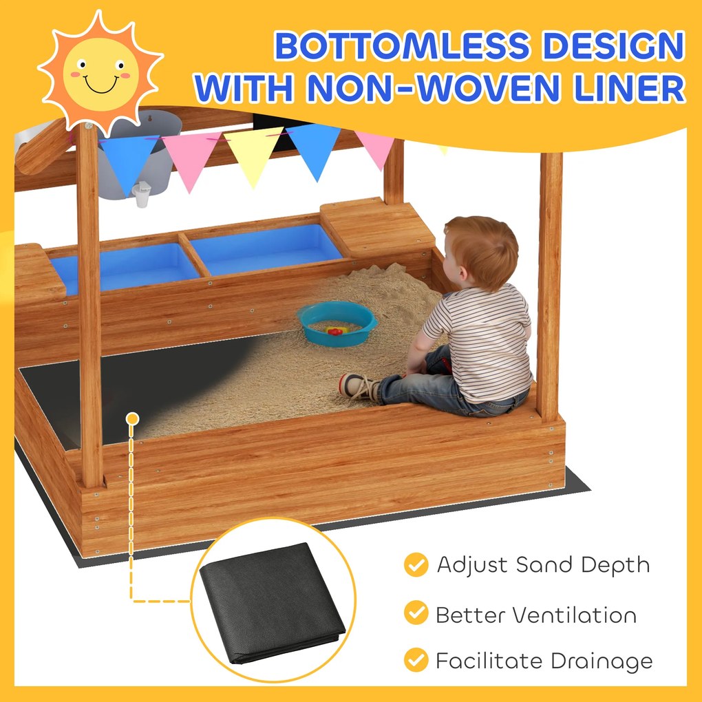 Outsunny Piaskownica z Ochroną Przeciwsłoneczną, Design Domku Zabaw, z Zestawem Zabawkowym, Obrabiane Drewno, 124 x 116 x 146 cm, Pomarańczowa