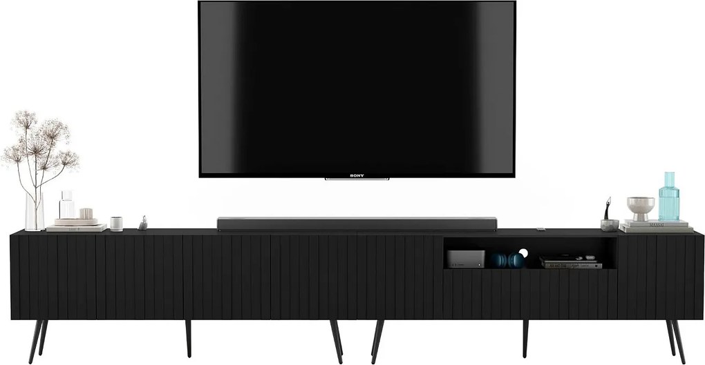 Szafka RTV z 7 drzwiami i wnęką – Korpus czarny mat, fronty ryflowane czarny mat – 300 cm, czarne nóżki