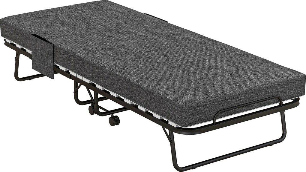 HOMCOM Łóżko Składane, Materac, 4 Koła, Stelaż Metalowy, do 150 kg, 190 x 80 x 42 cm, Ciemnoszary