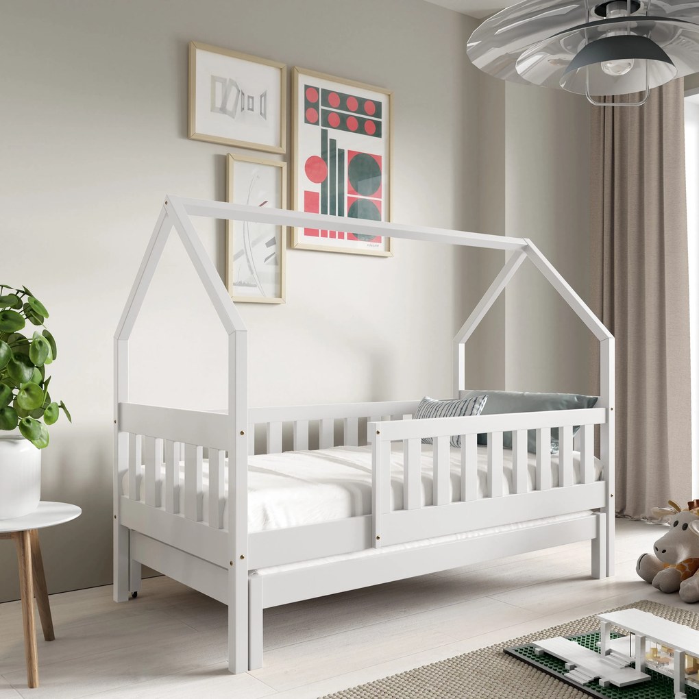 Łóżko dziecięce BAMBINA 80x160 cm Podwójne łóżko w kształcie domku Naturalne Drewno Białe