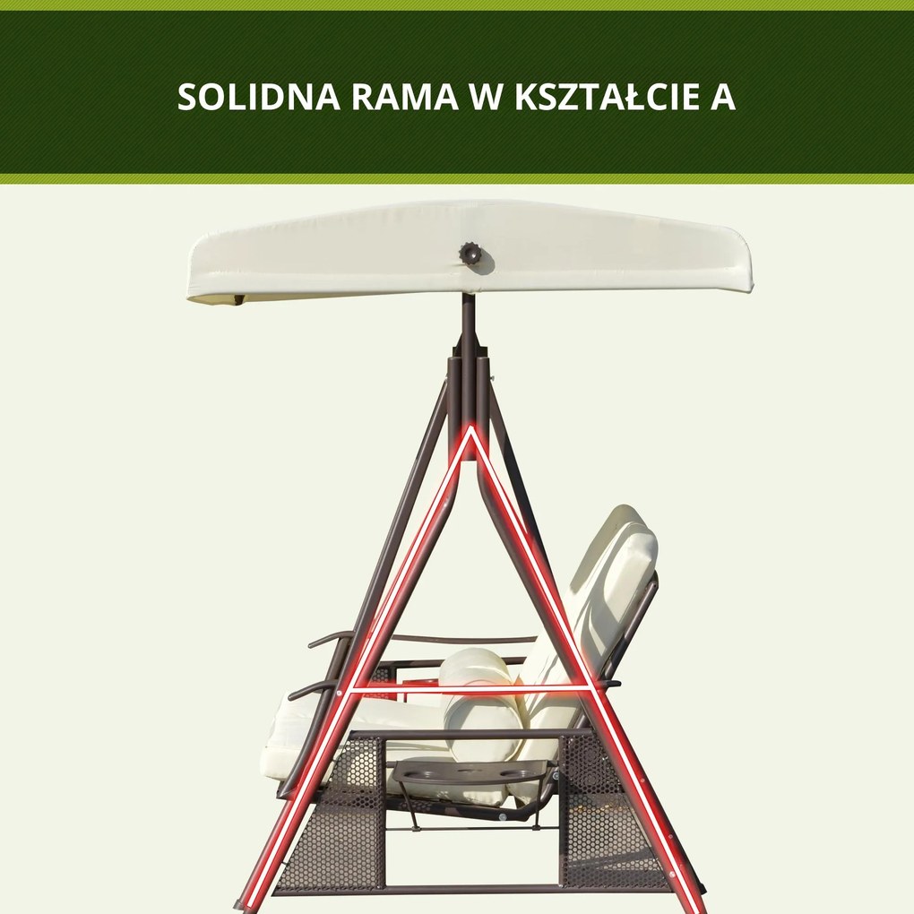Outsunny huśtawka ogrodowa 2osobowa z daszkiem przeciwsłonecznym poduszka metal poliester beżowy 162x118x173cm | Aosom PL
