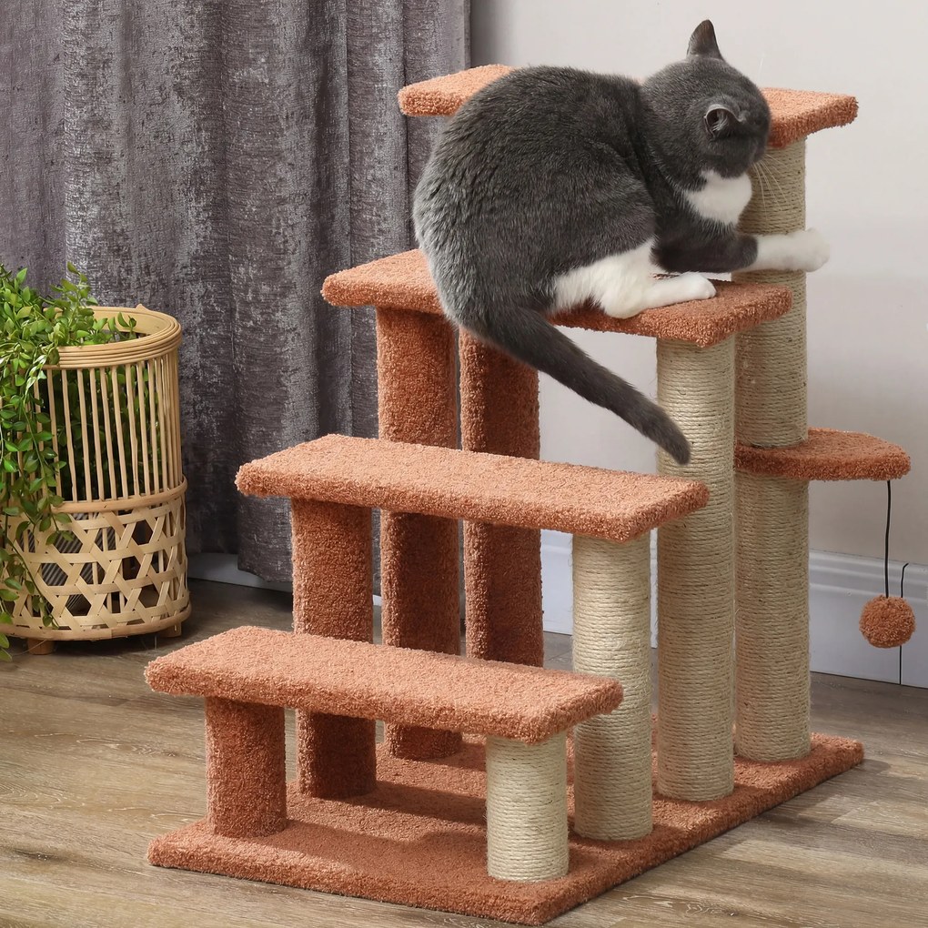PawHut drabinka dla kota z drapakiem 4 stopnie schodki dla małych zwierząt do 5 kg brązowa 60x40x64cm | Aosom PL