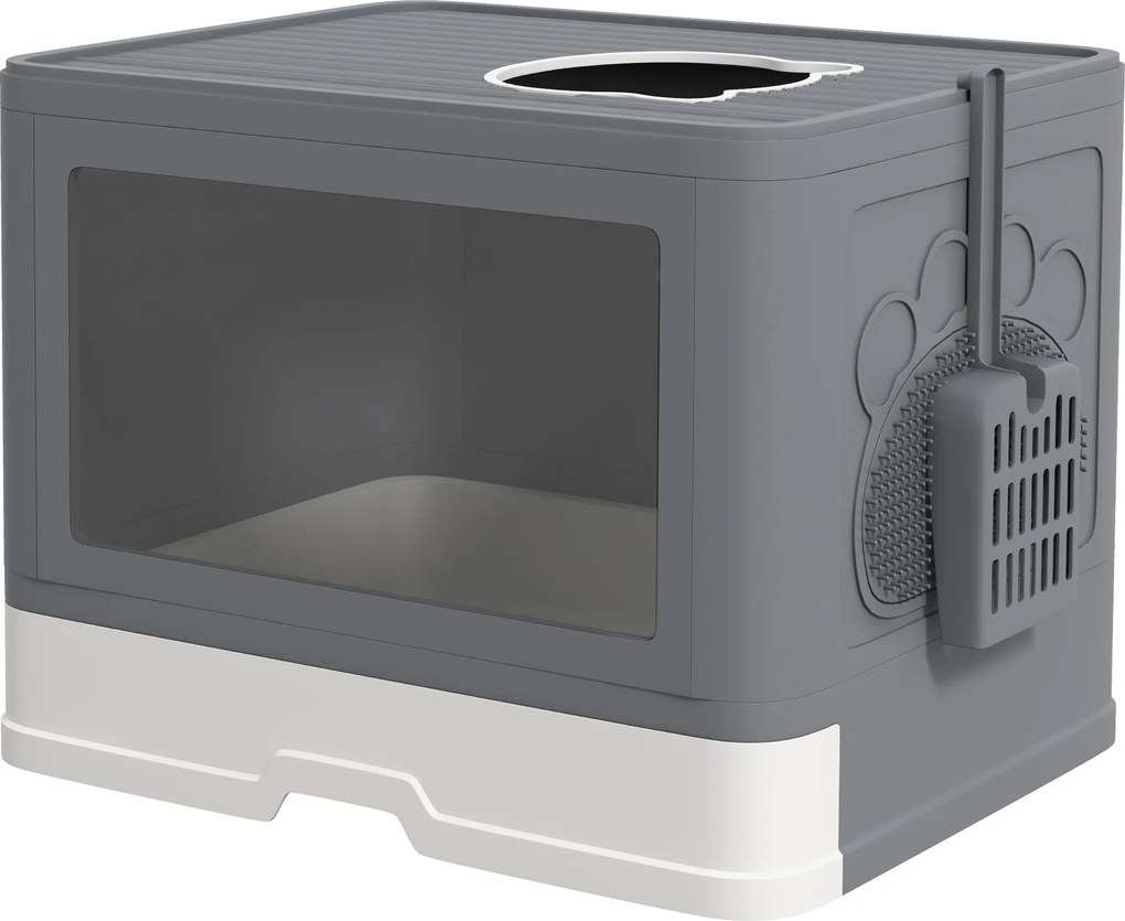 PawHut Kuweta dla Kota Kuweta dla Kota z Pokrywą, 2 Wyjścia, 48,5 x 38 x 36,5 cm, Szary + Biały