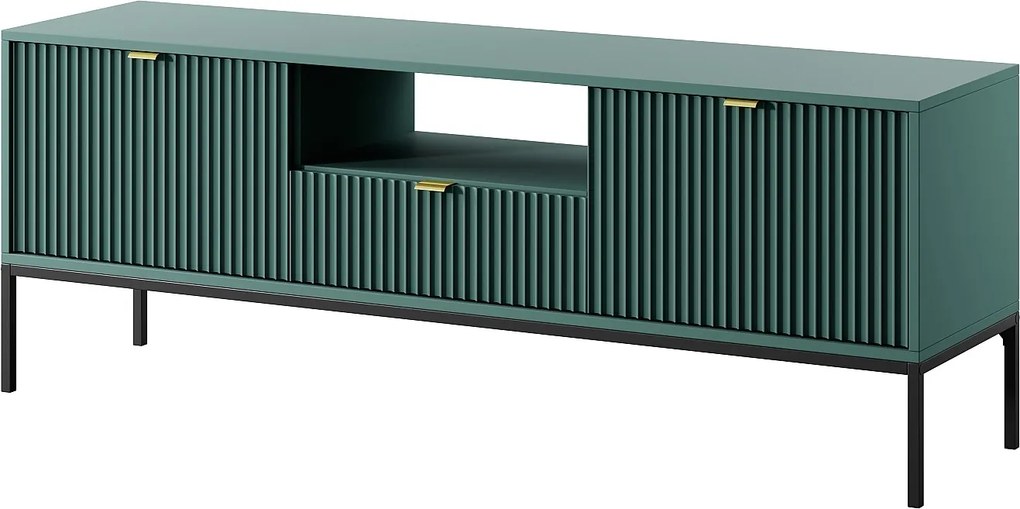 Stolik RTV Geriffelt NOVA, złote uchwyty, 2 drzwi, szuflada, półka, 154x56x39cm, czarna fasada, rama labrador