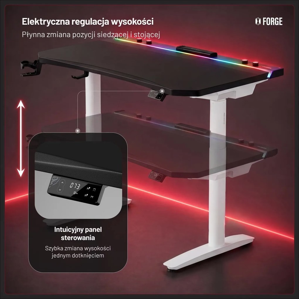 Biurko gamingowe elektryczne RGB Diablo X-Forge, 120x70 cm, czarno-białe