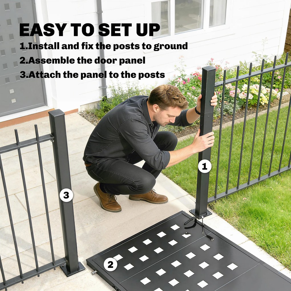 Outsunny Furtka ogrodowa z ocynkowanej stali, metalowa furtka z uchwytem, zamkiem i 3 kluczami, zamykana bramka 105x130 cm, ciemnoszara | Aosom PL