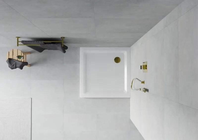 Mexen Flat brodzik kwadratowy slim 90 x 90 cm, biały, syfon złoty - 40109090G