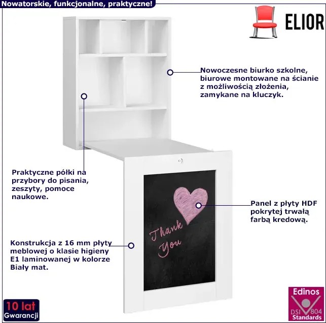 Białe składane biurko ścienne z tablicą F9-B91