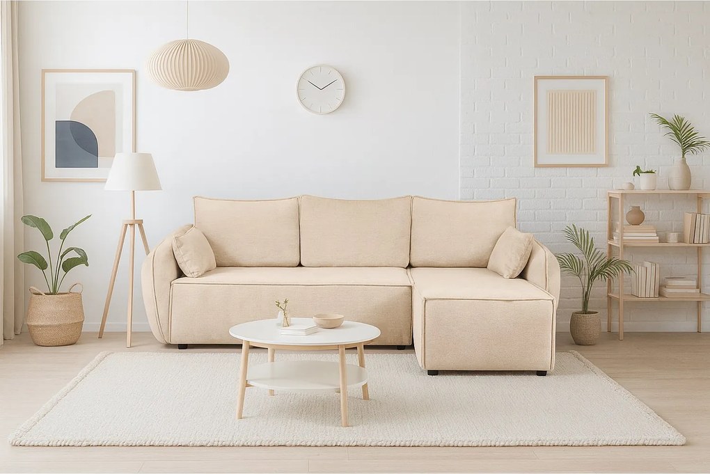 Nowoczesny narożnik prawostronny SELLMA w tkaninie RAVEN 24 kremowej