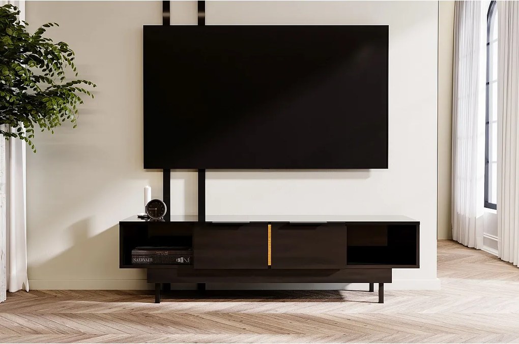 Czarna komoda RTV Dancan ARTEMISA ze złotymi dodatkami