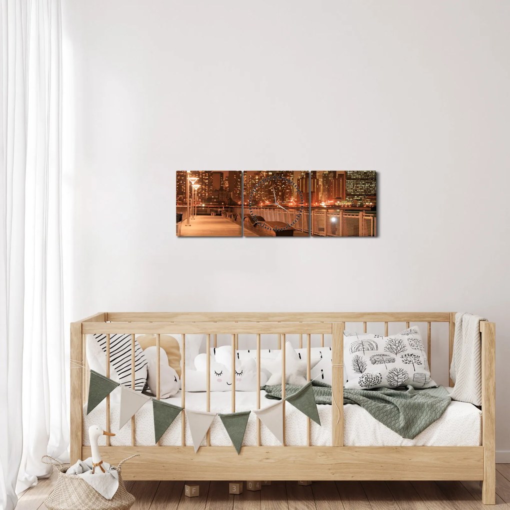 Obraz - Nocne miasto (z zegarem) (90x30 cm)