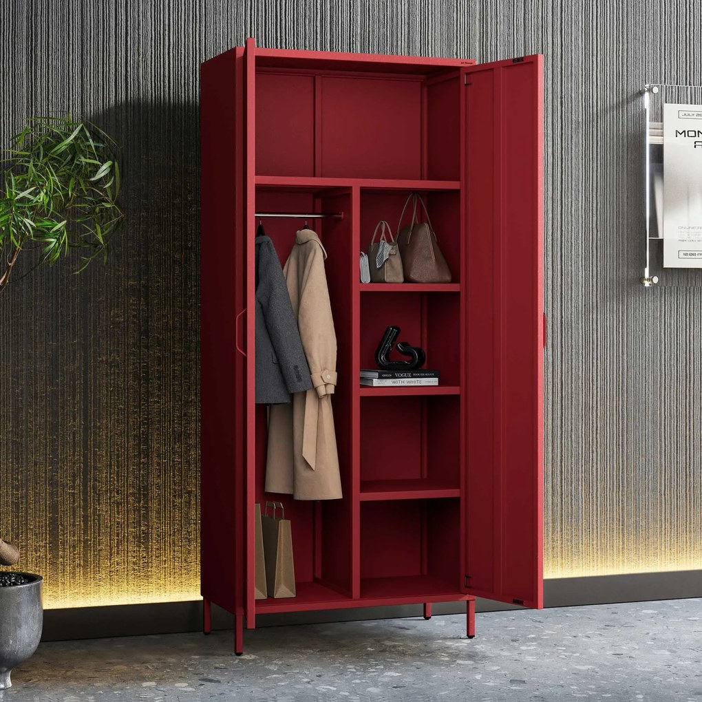 Szafa na ubrania metalowa czerwona FLAVIO, 800 x 1850 x 450 mm
