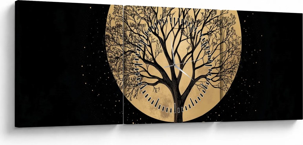 Obraz – Drzewo w złotej pełni księżyca I. (z zegarem) (90x30 cm)