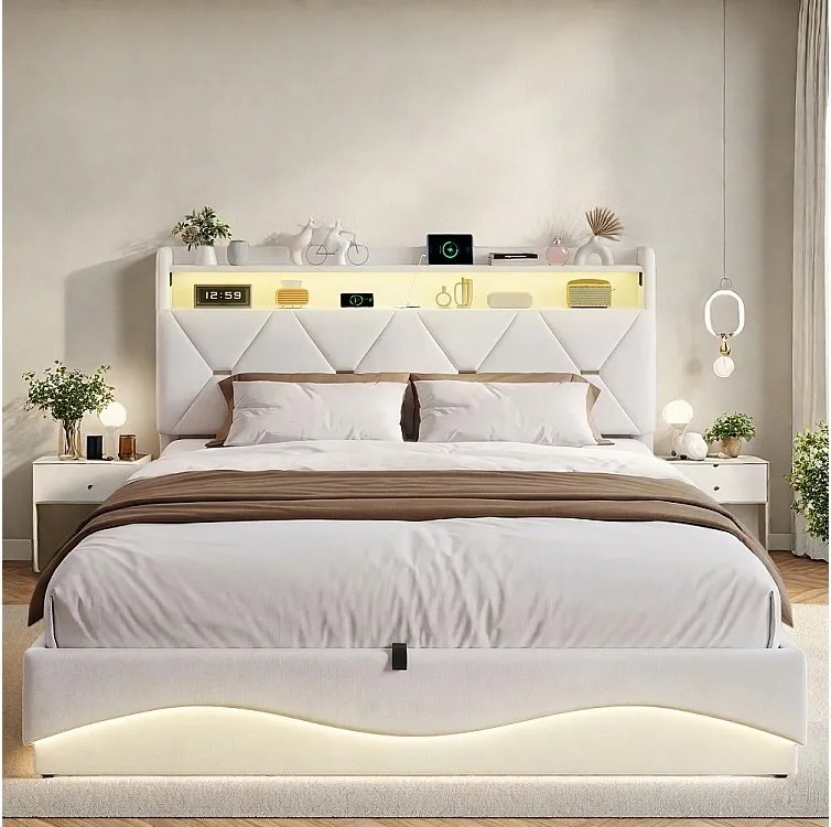 Stelaż łóżka z pojemnikiem hydraulicznym - 160 x 200 cm - Port ładowania USB i pojemnik na zagłówek - Welur - Beżowy