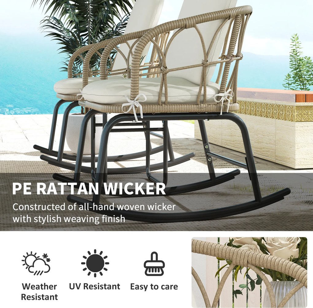 Outsunny Zestaw bujanych krzeseł w stylu boho, z PE-Rattanu, odporny na warunki atmosferyczne, Kremowy