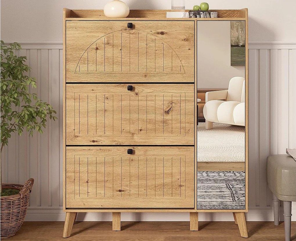 Nowoczesna szafa na buty 110×24×137,5 cm - z 3 frontami odchylanymi - z lustrem - Nogi z litego drewna - Kolor naturalny