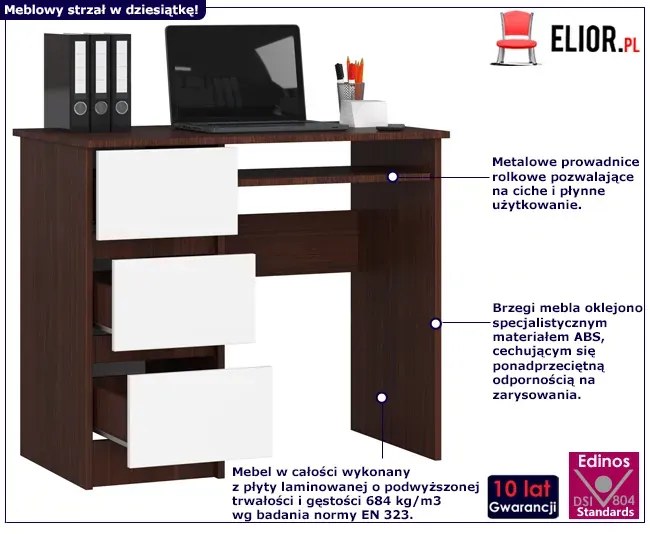 Nowoczesne biurko z szufladami wenge + biały - Miren 3X