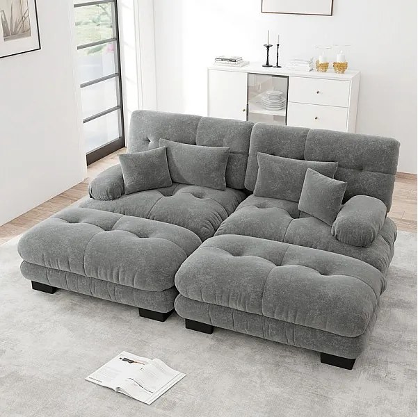 Sofa narożna 2-osobowa + 2 pufy - z 4 poduszkami - tkanina plusz szara - 220x145x81cm