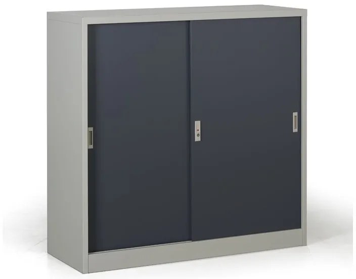 Metalowa szafa z przesuwnymi drzwiami, 2 półki, 1200 x 1200 x 450 mm, ciemnoszary