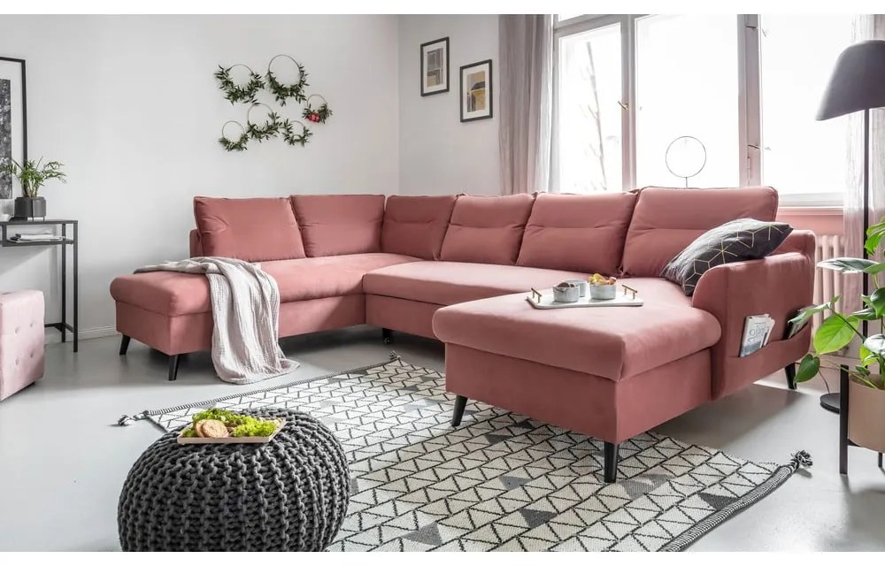 Różowa aksamitna rozkładana sofa w kształcie litery "U" Miuform Stylish Stan, lewostronna