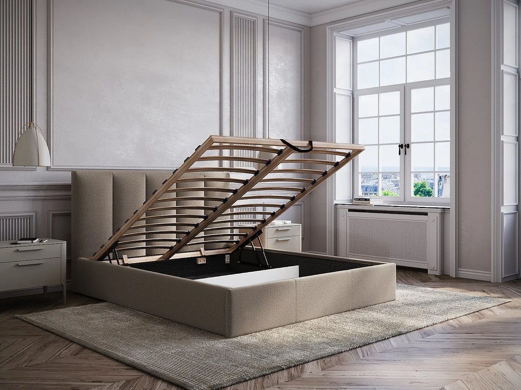 Łóżko ze skrzynią 160 x 200 cm zagłówkiem z pionowymi szwami - Materiał - Taupe - Z materacem - KILACLO