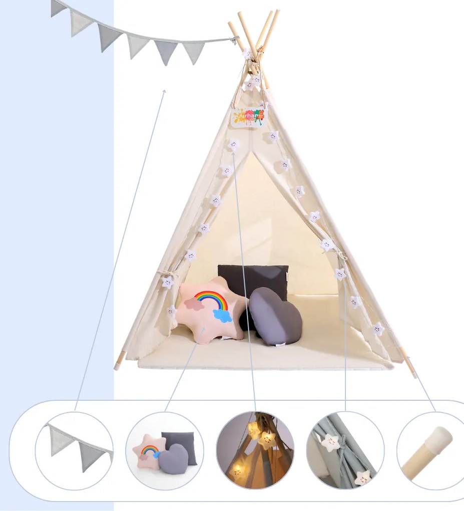 Namiot tipi JULIUS, 120x120x160cm, biała/szara Jurhan