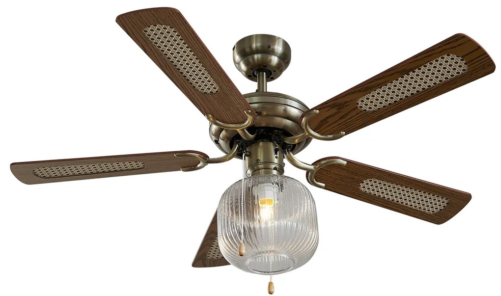 Wentylator sufitowy z lampą mosiężny z drewnem 107,5 cm z przełącznikiem łańcuchowym - Mistral KarelPrzemysłowy Oswietlenie wewnetrzne