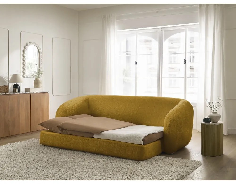Musztardowa rozkładana sofa z tkaniny szenilowej 228 cm Neyo – Bobochic Paris